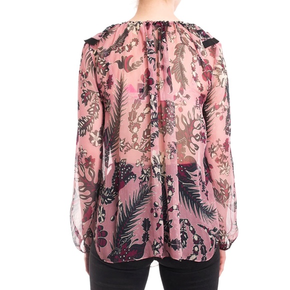 CHLOE Ruffled Cactus-Print Silk Blouse, Pink/Burgandy - Picture 6 of 12